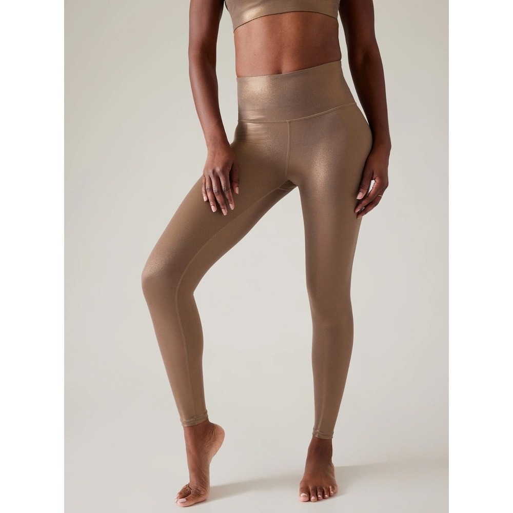 Athleta Elation Shine Tight Leggings Bronze Metallic High Rise Size S Petite